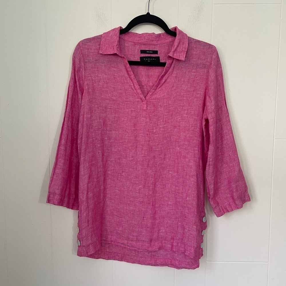 Tahari Linen Popover Blouse Top Size S Pink Mother Of Pearl Buttons Coastal Chic